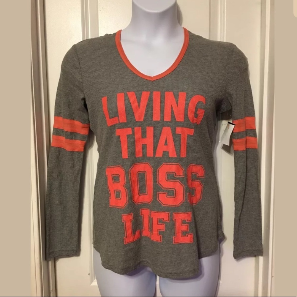 "Living That Boss Life” Hooded Gray Top Size M - Picture 2 of 5